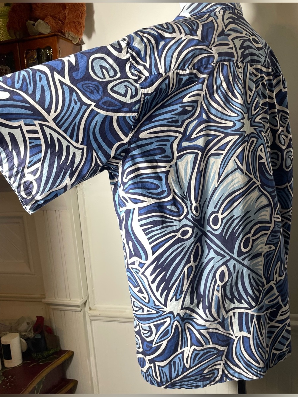 Rix Men’s Blue White Ulu Breadfruit Palm Print Button Up Collared Aloha Hawaiian - Picture 5 of 15